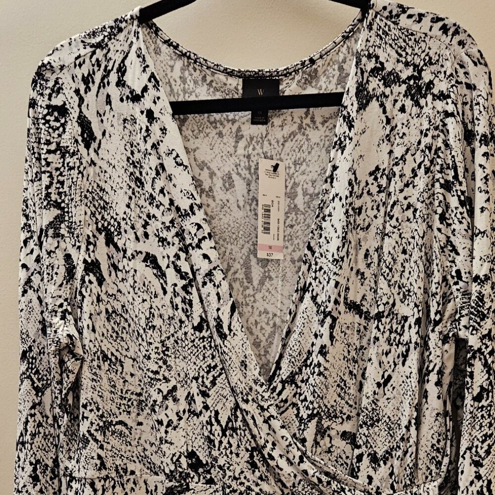 Worthington Wrap-Over Shirred Blouse with Round Hem, Black on White, 1X - Picture 2 of 3